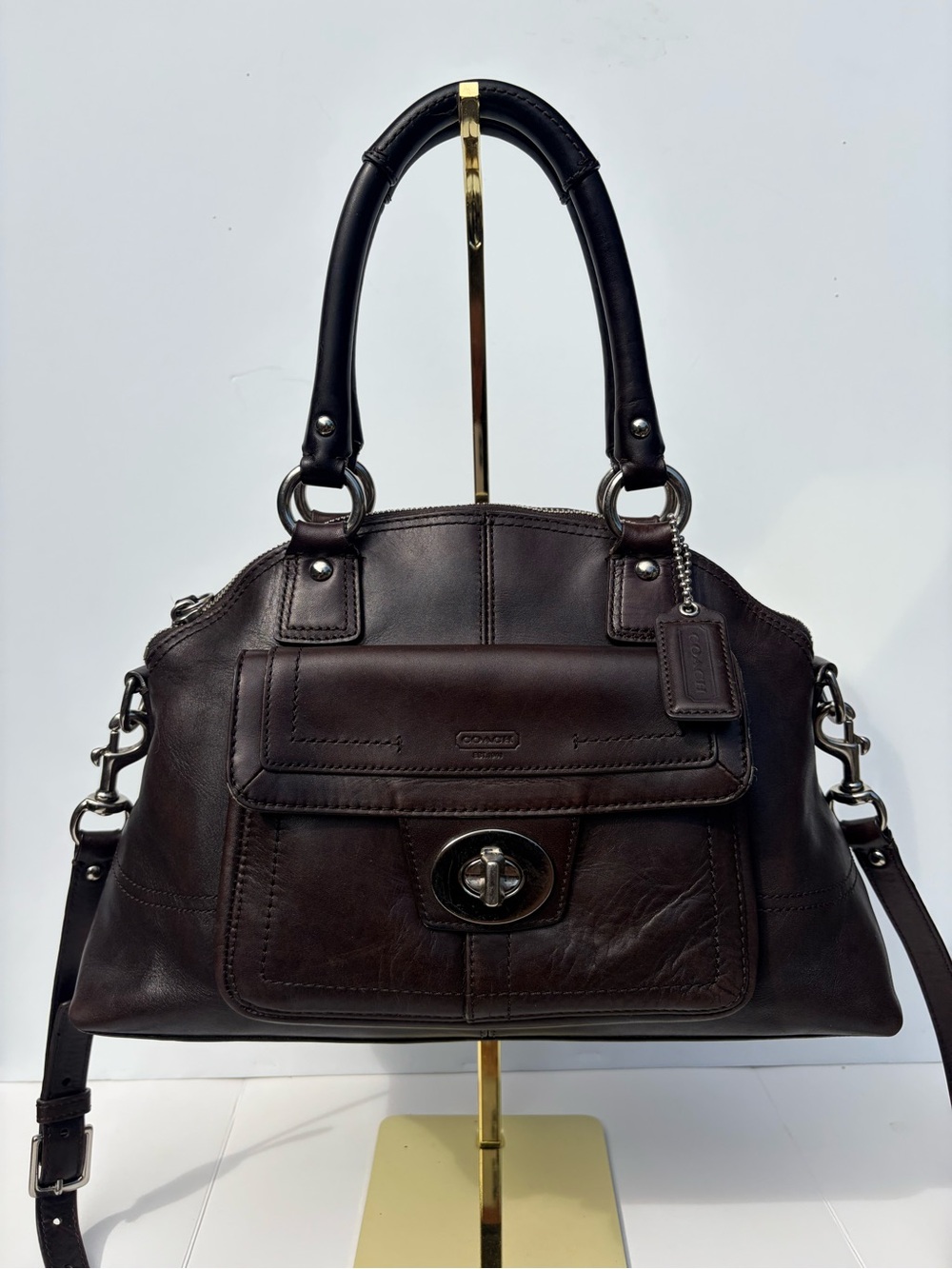 COACH Hampton Dark Brown Leather Turnlock Dome Satchel Bag Z22746 Archival